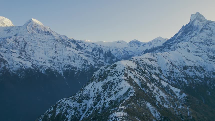 Snow covered mountains with peaks high in the sky