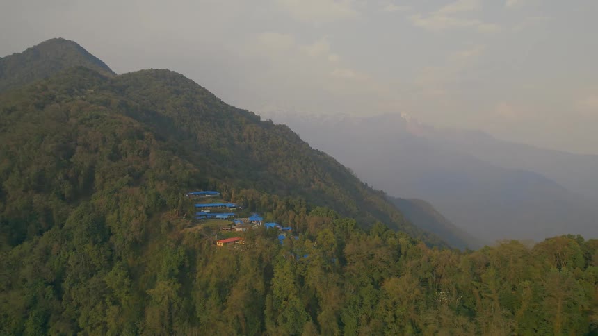 Aerial view of buildings in town in mountain forest