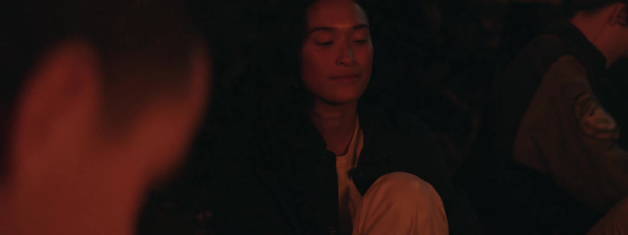 Friends sitting around campfire at night enjoy music