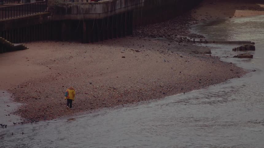 A lone person in a jack walks along a rocky shoreline as birds fly overhead inthe Thames