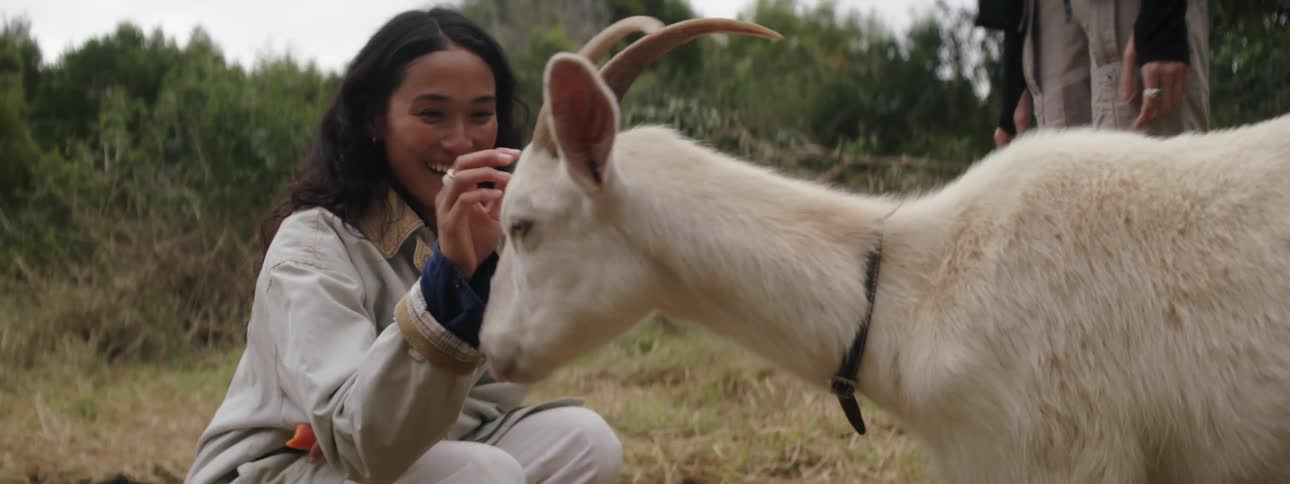 A woman laughs while feeding a goat on a farm