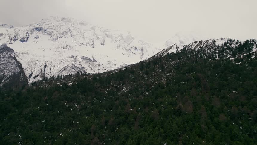 An aerial of snow covered mountain ranges with forest covered hillsides surrounding the land