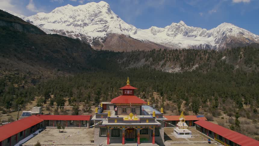 A pagoda surrounded by trees in the mountains