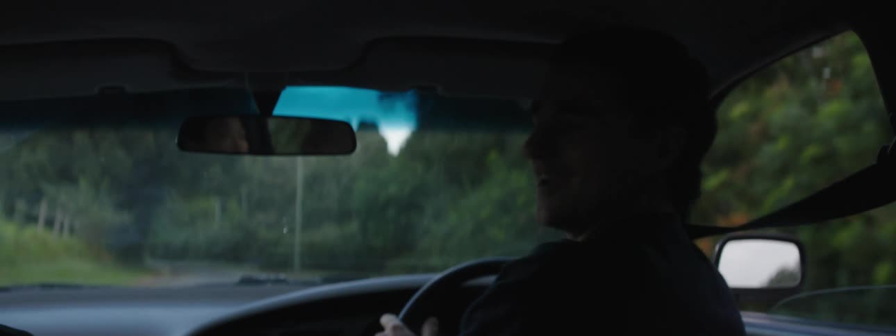 Chatgpt the man drives his car along a road that winds through the enchanting forest occasionally glancing back and engaging in conversation with person