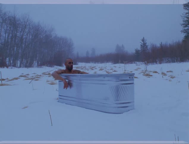 A man sits shirtless in a metal tub outside in a rural area with snow on the ground