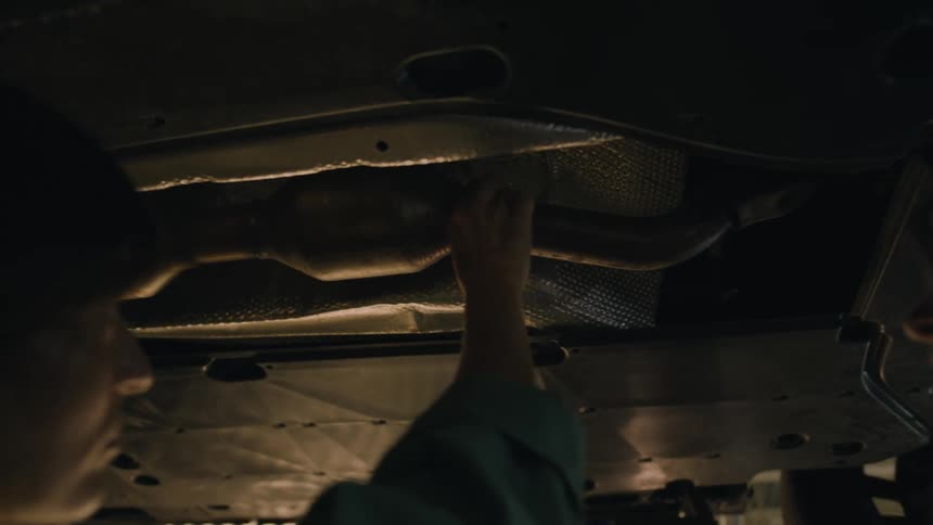 A mechanic inspects the exhaust pipes underneath a lifted automobile
