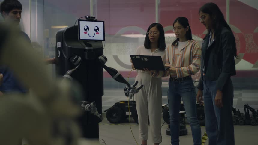 Students manipulate robot using laptop
