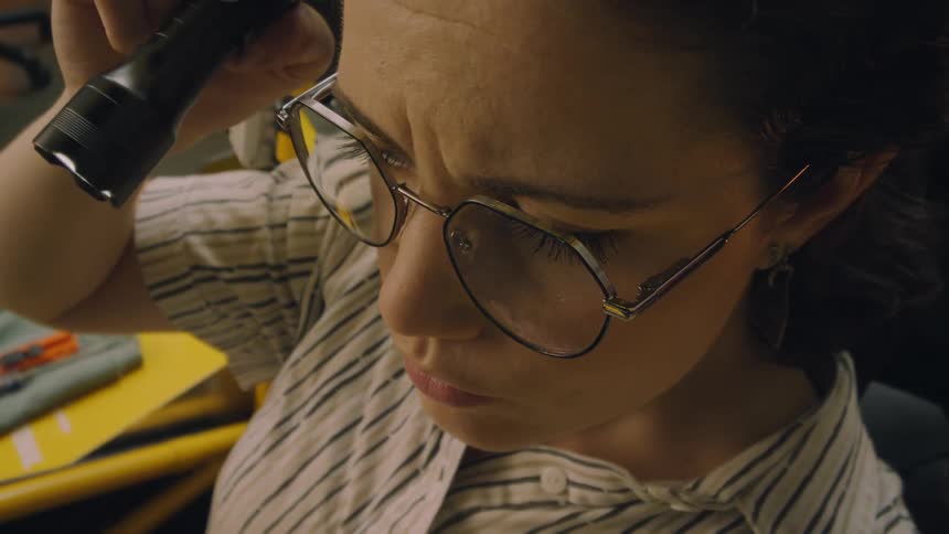 A woman shines a flashlight on an electronic board while looking at it
