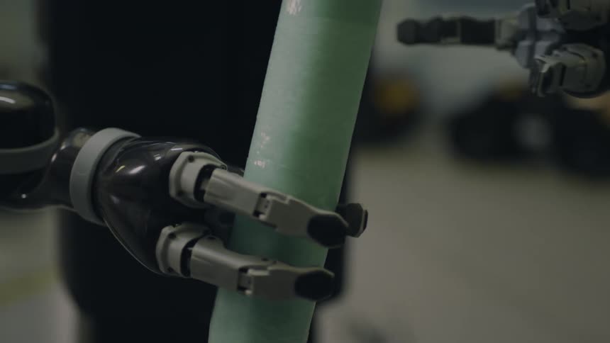 Man smiles while observing robot pass tube from hand to hand