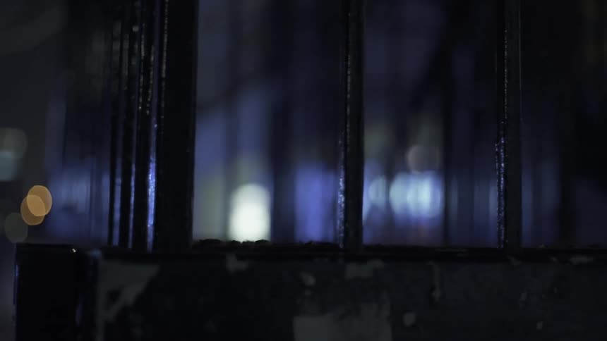 Railing of an outside stairway at night