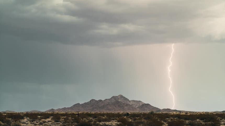 Wide natural landscape of a thunderstorm over a mountain range