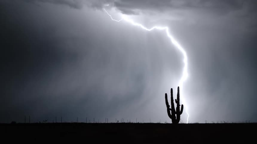 In the middle of the night a lightning strike briefly illuminates the surroundings revealing a cactus plant in the background that were previously hidden by the darkness