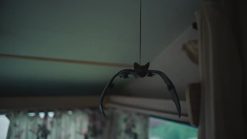 Plastic bat toy hangs from the ceiling of a bedroom at home