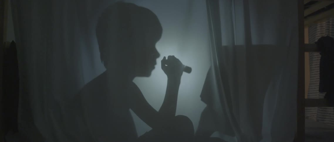 The shadow of a boy reading a book by flashlight