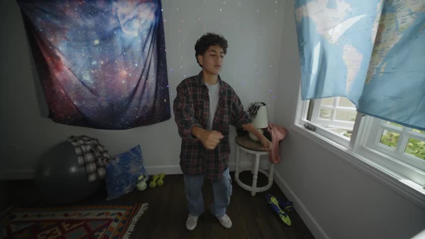A teenager boy dancing in a room with a map curtain and an astronomy curtain