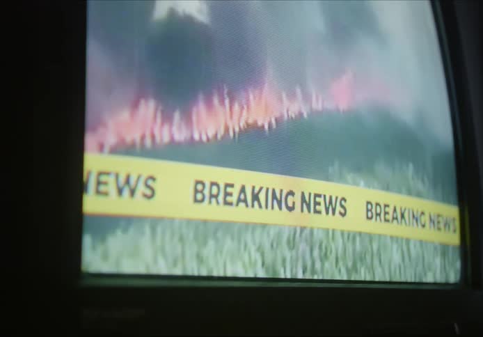 A forest fire is displayed on the television set