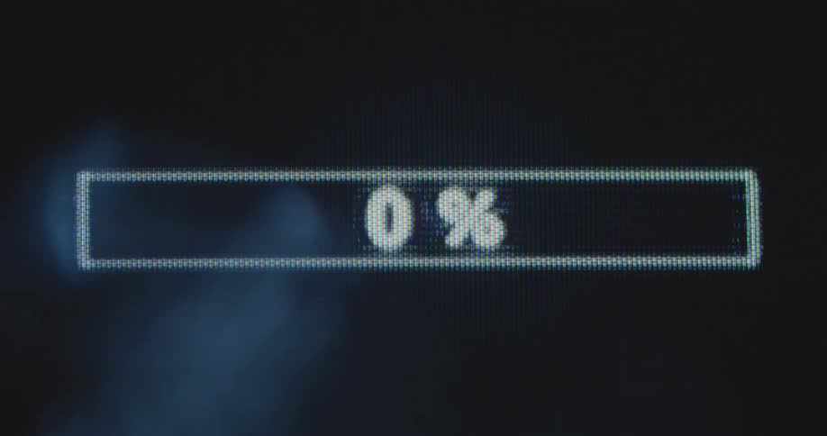 A black and white gauge counter in a rectangular box with a percentage sign is displayed on a retro television screen as the bar moves from left to right and the number or amount goes up and down from 0 to 100