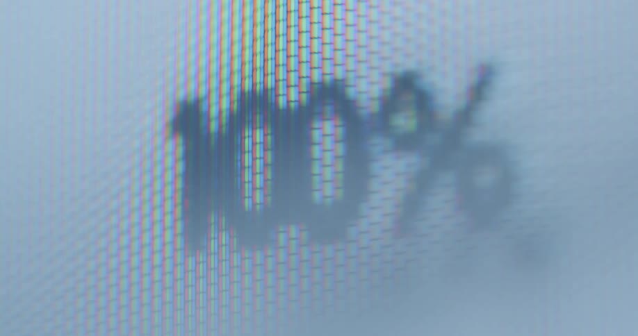 A flickering and glitching digital screen is displaying a numerical percentage that increases and decreases during the start-up booting or shutdown process of a computer system