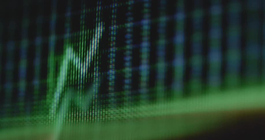 The stock trading investment graph moves upward and downward while changing direction and color from neon green to red when it goes from positive to negative during the market cycle including bull run and bear market