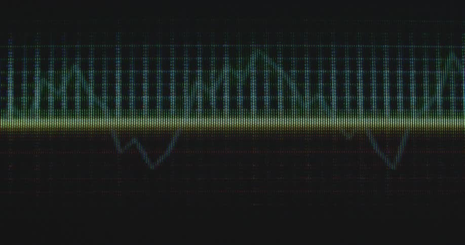 Green digitized grid lines move across the black vintage tube TV screen as a green line graph rises and falls symbolizing value increase and financial loss on digital online trading application platform that enables market analysis and risk management
