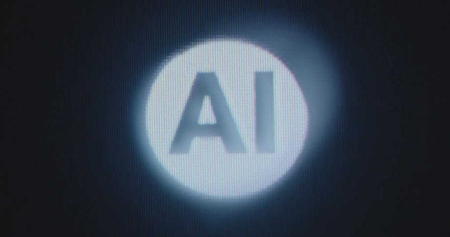 The black and white letters AI representing artificial intelligence are in a circle animation on a pixelated screen and alternate colors as the circle shrinks and expands while a moving line spins around the outside of the logo or icon