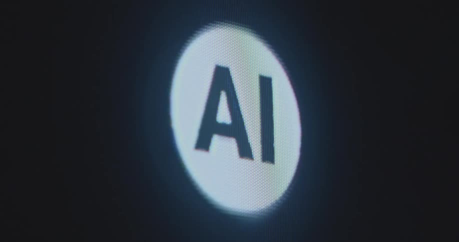 A dynamic artificial intelligence logo animation displaying the letters A and I is projected on a smartphone screen presenting this technical innovation in a powerful way while processing information and scanning the internet