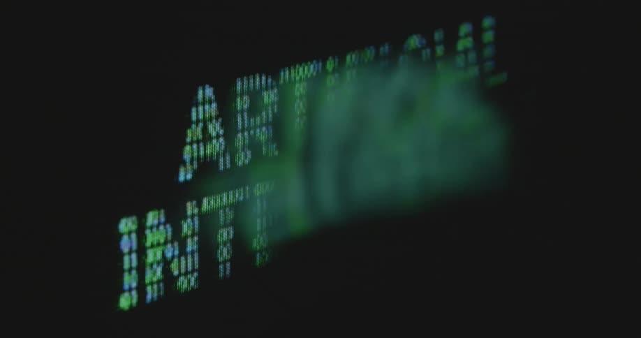 Bright neon green ones and zeros changing on black computer screen in the shape of letters spelling the word artificial intelligence that is scanning and searching in the database of the online network and processing new search results and information