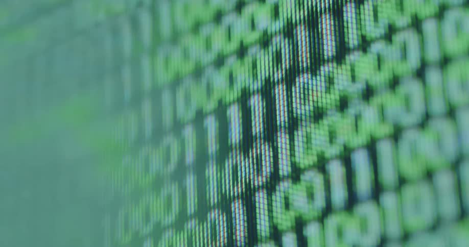 Green pixelated matrix style binary numbers or digits one and zero are flashing by fast during a calculation process of an AI on a computer system based on modern science and innovative information technology