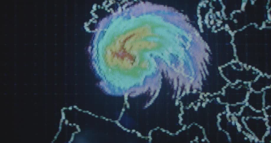 The radar is tracking a tempest rolling in and hitting central Europe with a snow storm and cold temperatures causing weather hazards and an environmental catastrophe displayed on a vintage computer screen with pixels