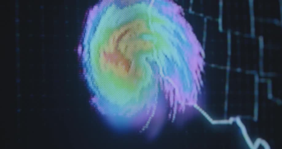 A weather forecast map based on a satellite image and meteorological analysis of the United States of America has a graphic of a hurricane displayed over it as the storm moves while being tracked by modern monitoring technology