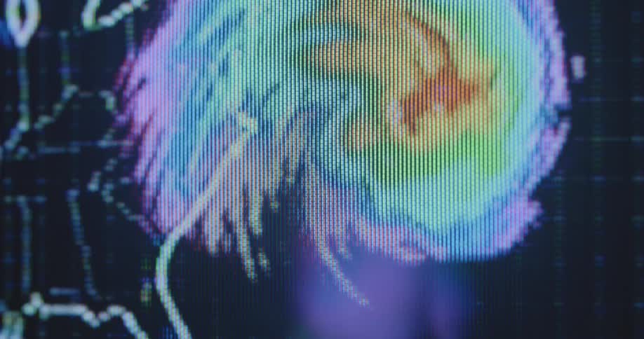 A screen shows a graphical CGI display of a storm system being tracked by accurate weather tracking technologies based on satellites and doppler radar at the eastern coast of the US representing the power of Mother Nature