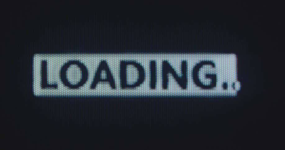 A CGI graphic of the word loading appearing in a box on a video format on television program as symbol for waiting time or a countdown creating climax and suspense