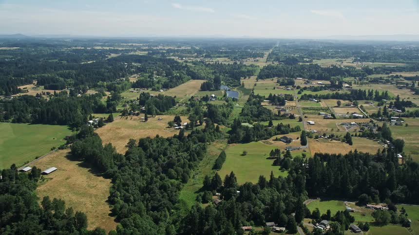 Aerial view of small farms and fields with trees in Ridgefield Washington on a sunny day