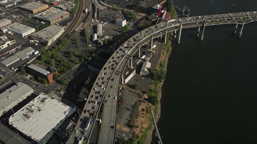 Bird's eye view of the Marquam Bridge in Portland Oregon during rush hour with heavy traffic