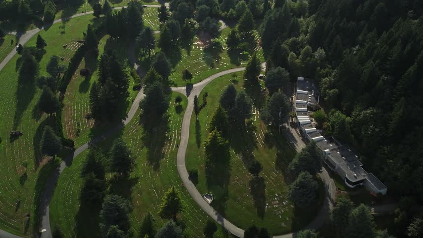 Aerial view of Sunset Hills Memorial Park cemetery in Southwest Portland Oregon during daytime