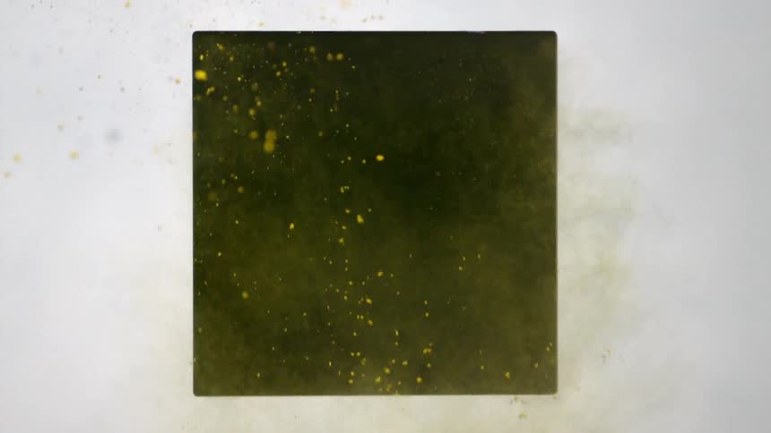 A greenish yellow powder is billowing down from a square opening in a panel