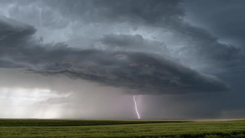 A lightning strike hitting the ground in the distance in a wide open grass field with large gray clouds in the sky
