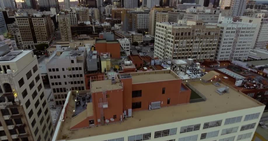 Aerial view of streets and cars in downtown Los Angeles