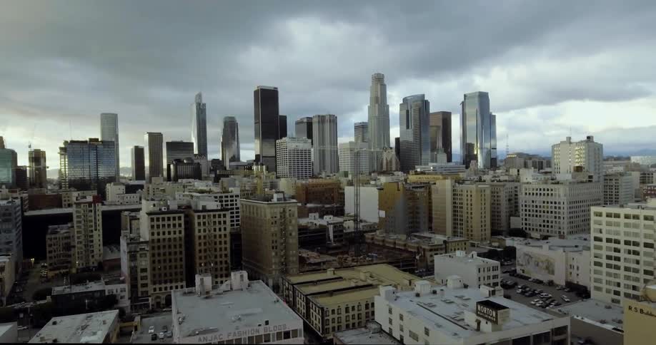 Aerial view of Los Angeles skyscrapers on a cloudy day