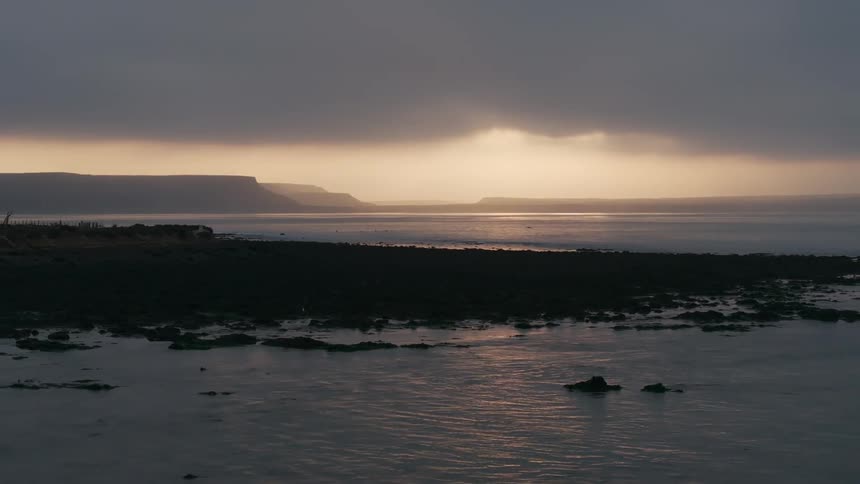 Bird flies over coast against red tinted sky on overcast day