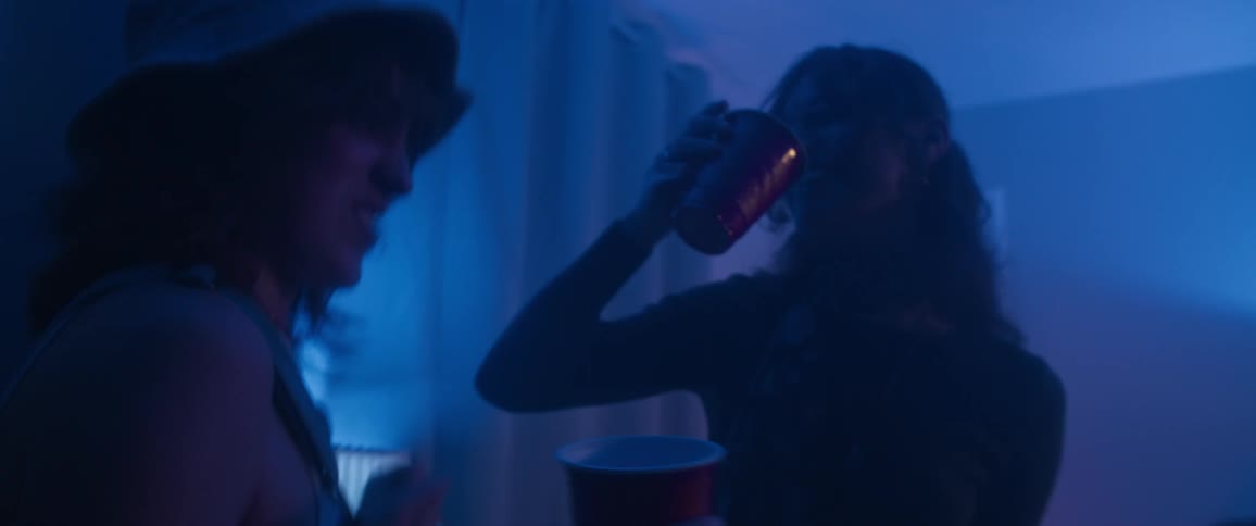 Teenager girls having drinking and dancing at a party indoors in a living room during night time