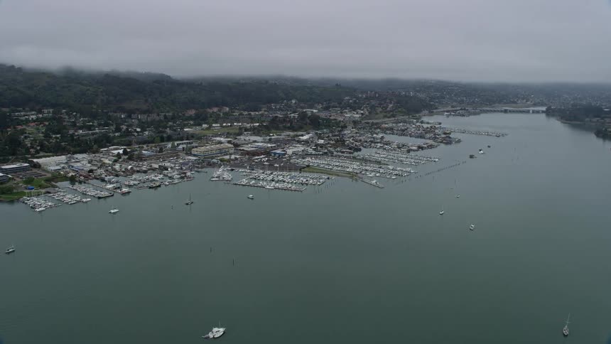 Approaching marinas in Sausalito California on a foggy day with numerous boats docked along the shore near residential neighborhoods