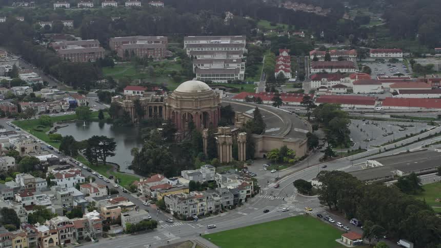 Aerial view of the iconic Palace of Fine Arts in San Francisco California surrounded by fog in the Marina District