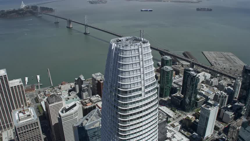 Aerial view of Salesforce Tower in Downtown San Francisco California on a sunny day with partly cloudy skies