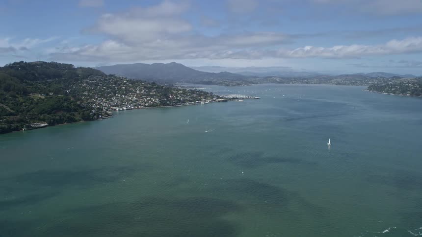Wide aerial view of Sausalito and Richardson Bay in California showcasing the breathtaking coastline residential areas and water bodies during the summer