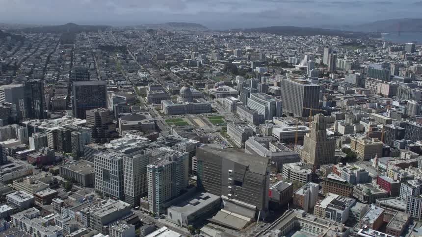 Aerial footage of San Francisco City Hall in Civic Center captured during a sunny day in the Bay Area
