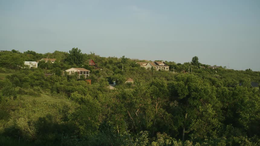 Several houses in the middle of a dense forest of green trees