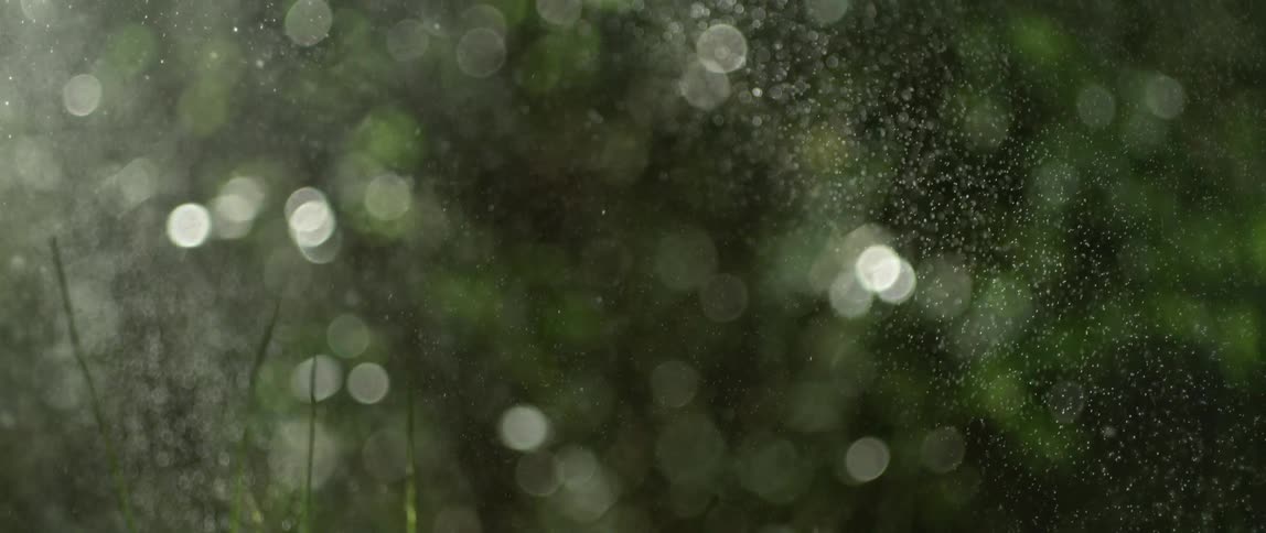 Drops of water slowly falling on a landscape with grass and trees