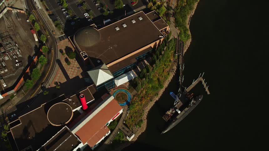 Aerial view of Oregon Museum of Science and Industry in Southeast Portland showcasing the educational exhibits and galleries from a bird's eye perspective