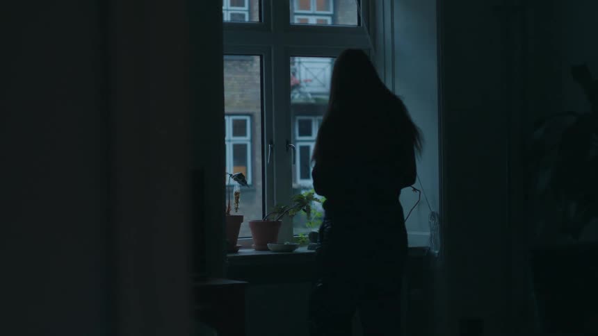 Woman watching the dusk over the city from the building